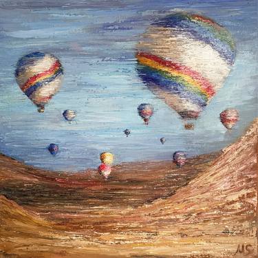 landscape with hot air balloon. Oil painting on canvas thumb