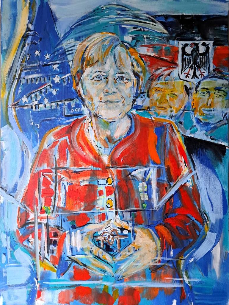 Original Famous Drawing by Dora Mittenzwei  Portraiture Art on Canvas  Angela Merkel