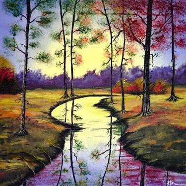Handmade Original Autumn River Painting with Acrylics on canvas thumb