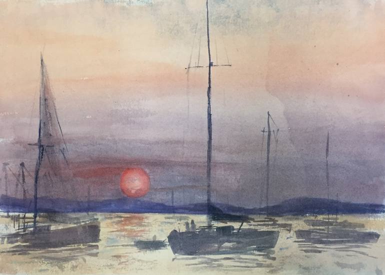 Original Landscape Painting by Len Weaver | Conceptual Art on Paper | Waiting the Sunset