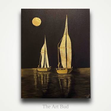 Handmade Black and Gold Sail Boats Painting. Luxurious Art thumb