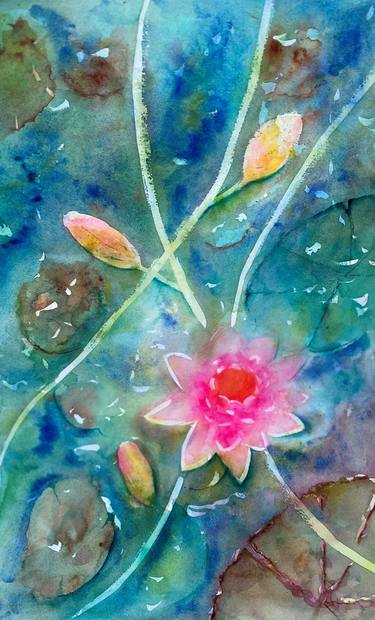 Soft Waterlilies in Pond, 11×15-inch Original Watercolor thumb