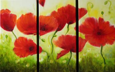 "Kiss of the poppies" original oil painting, triptych painting thumb