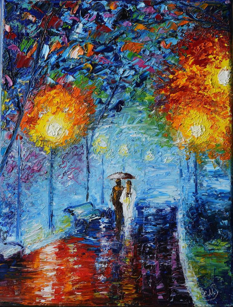 Abstract Canvas Painting A Rainy selling Walk Girl with Yellow Umbrella Wall Art Modern