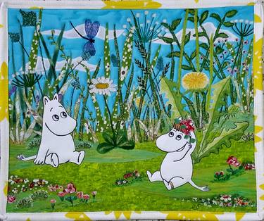 Fabric painting for a children's room "Moomins in the grass" thumb