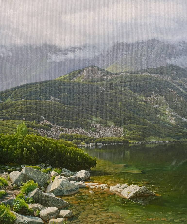 Original Water Painting by Emil Mlynarcik | Other Art on Canvas | On the shore of a mountain lake