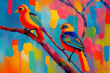 Two birds sitting on a tree landscape colorful painting thumb