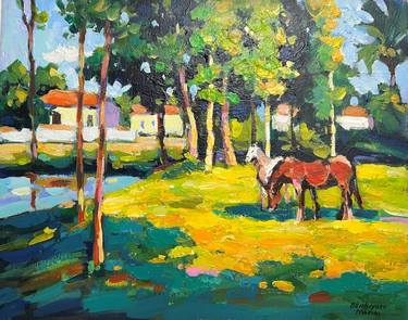 Landscape with horses thumb