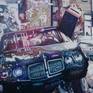 This painting is one of a series of 5. I took some stills from Friedkin's classic piece "The French Connection" from 1971 and focused on the pursuit scene under the subway line and some of the frog perspectives where the two policemen chased a drug dealer. Here we are at the then most action loaded car race scene filmed on location in Ney York, Brooklyn. Behind the stearing wheel: Gene Hackman trying to strike down a sniper inside a train waggon.