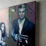 Focusing on the array of classic gangster movies I took images out of the road movie "The Getaway" by Sam Peckinpah and made a series of small and large scale paintings depicting the bank robbers Steve McQueen and Ali MacGraw trying to get themselves out of their misery. Her we see the protagonist standing legere between the shootings.