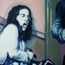 Focusing on the array of classic gangster movies I took images out of the road movie "The Getaway" by Sam Peckinpah and made a series of small and large scale paintings depicting the bank robbers Steve McQueen and Ali MacGraw trying to get themselves out of their misery. Her we see the protagonist standing legere between the shootings.