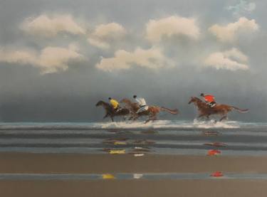 Horses at the beach, riders in yellow, red and white /L10043 thumb