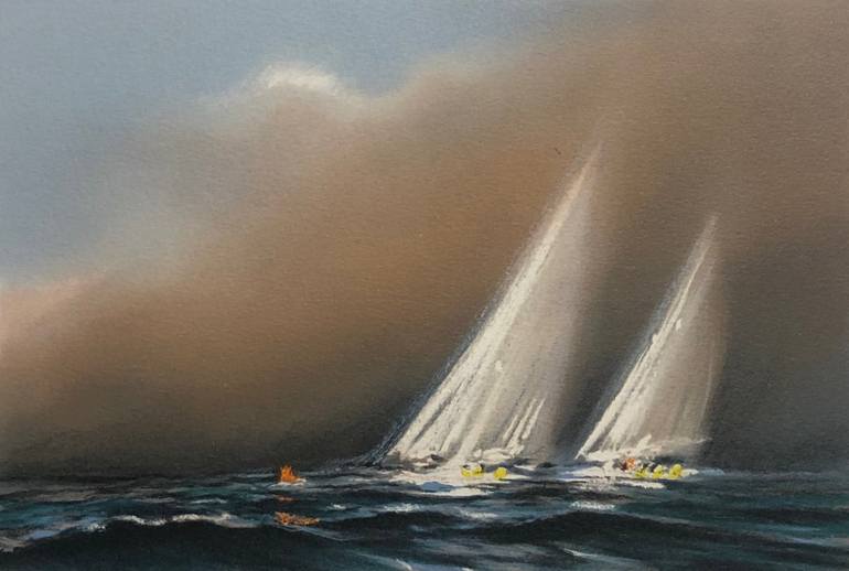 Original Seascape Printmaking by Pierre Doutreleau | Contemporary Art on Stone | Sailboats under the thunder / L10045