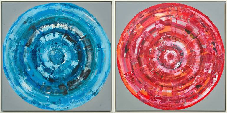 Original Abstract Painting by Bernhard Lang | Abstract Art on Canvas | Blue and Red Circles on Gray, Set of 2