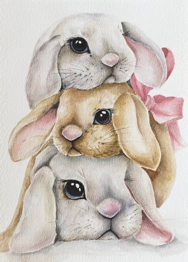 Bunnies illustration art for kids room Easter watercolor thumb