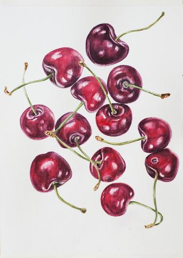 Cherries on sunlight aerial watercolor drawing illustration thumb