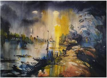 Original Contemporary Boat Paintings by kishore ghosh
