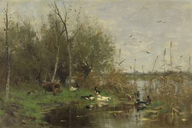 Ducks Beside a Duck Shelter on a Ditch, by Geo Poggenbeek, 1884 thumb