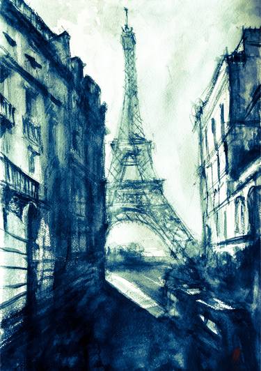 Eiffel tower watercolor. Paris street painting thumb