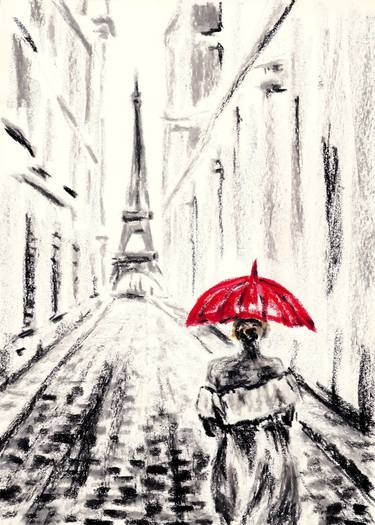 Womans silhouette with red umbrella against urban landscape thumb