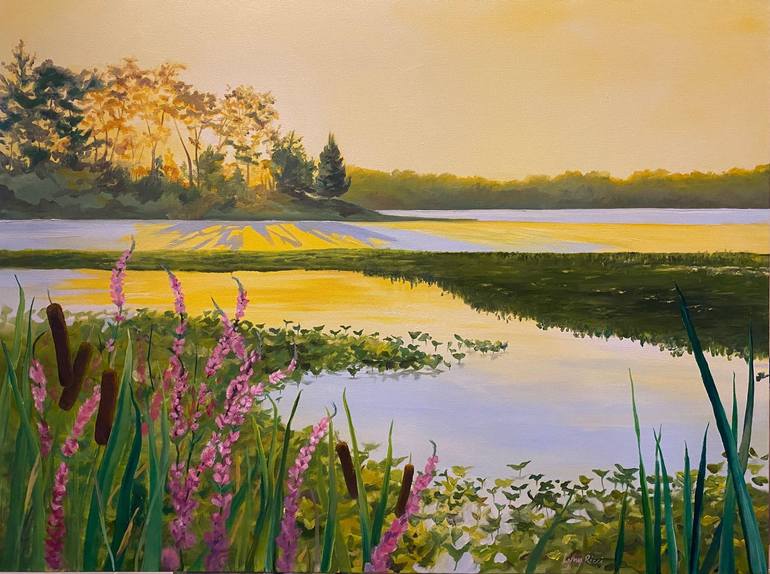 Original Water Painting by Lynn Ricci | Other Art on Canvas | Cat Tails and Dog Days