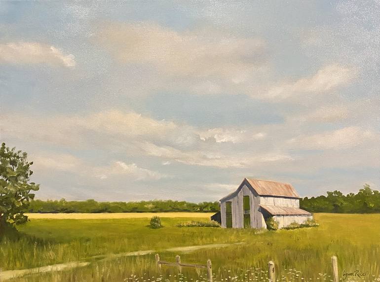 Original Landscape Painting by Lynn Ricci | Realism Art on Canvas | Green Shuttered Barn