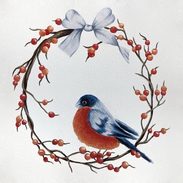 Botanical Watercolor Bullfinch thumb