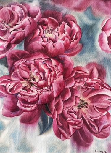 "Pink peonies", Original watercolor floral painting thumb