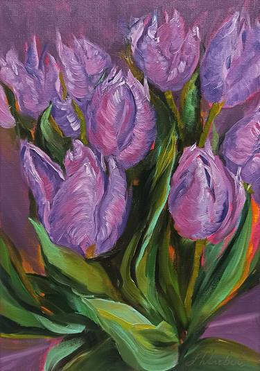 Violet tulips, Original oil painting thumb