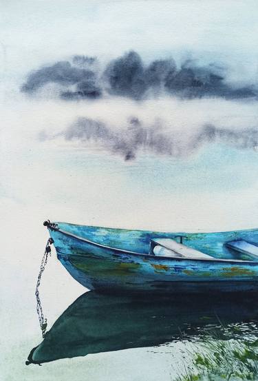 Calm water, Original watercolor boat painting thumb