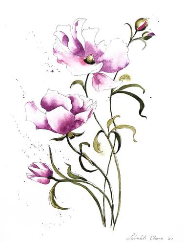 Delicate purple anemones, Watercolor floral painting thumb
