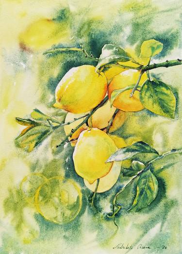 Bright lemon life - yellow lemons watercolor painting thumb