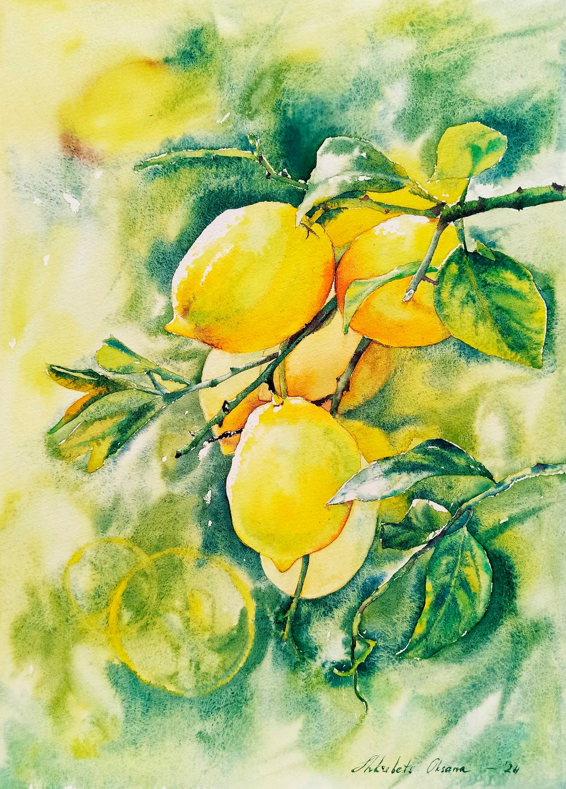 Bright lemon life - yellow lemons watercolor painting Painting by