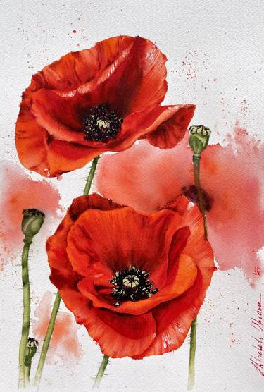 Bright rich red color poppies - original watercolor painting thumb