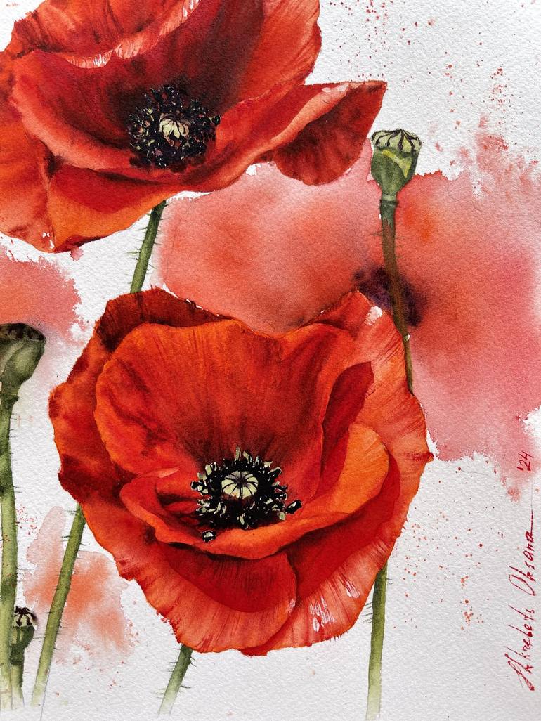 【SEAL限定商品】 Bright rich painting watercolor original - poppies color red 絵画