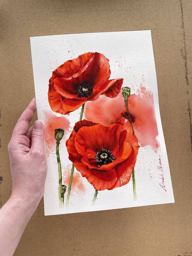 Bright rich red color poppies - original watercolor painting