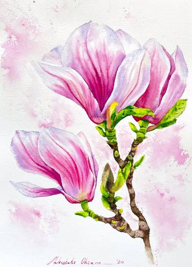 Blush pink magnolia flower - original watercolor floral painting thumb