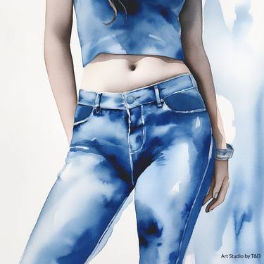 Woman in jeans 2 - digital watercolour painting thumb