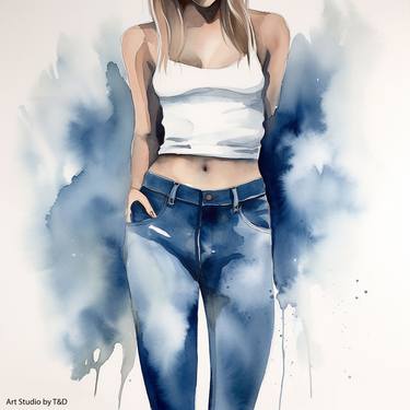 Woman in jeans 1 digital watercolour painting thumb