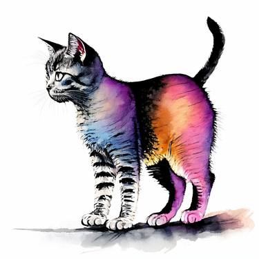 Cat With A Stern Look Painting, Rainbow Cat, Cat Watercolor thumb