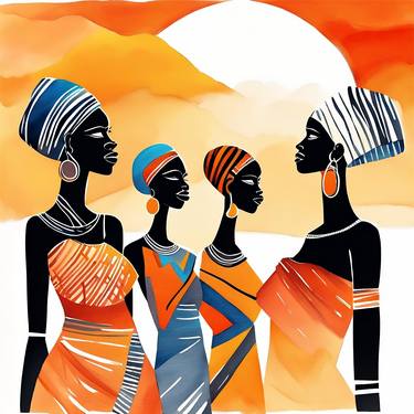 Four Beautiful African Friends At Sunset,Aesthetic Abstract Decor thumb