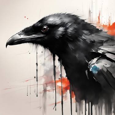 Black Crow Watercolor Painting, Crow Portrait Art, Crows thumb