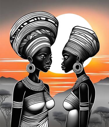 African Girls, Sunset Painting, Canvas Painting, African Women thumb