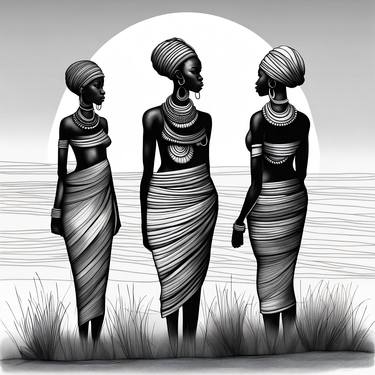 Minimalist Tribal Art African Women, Sunset Scenery thumb