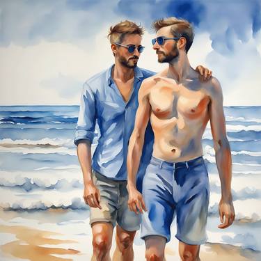 Gay couple on the beach thumb