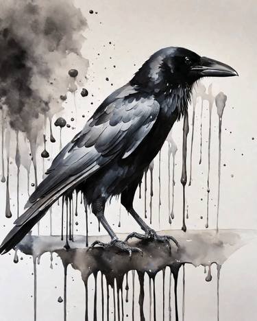 Black Crow Watercolor Painting, Crow Portrait Art thumb