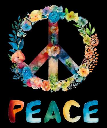 Vintage Floral Peace Sign Watercolor, Hand Written Peace Word thumb