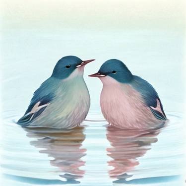 Couple of cute lovebirds at lake in pastel colors valentines day thumb