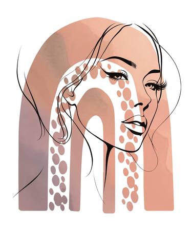 Beautiful Woman Face Line Art Drawing, Aesthetic Boho Art thumb