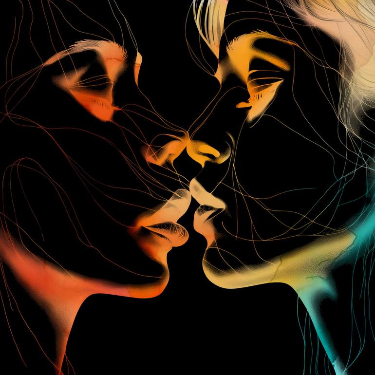 Lesbian Romantic Kiss, Lesbian Couple Intimate Abstraction - Print